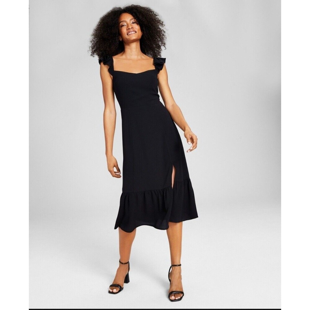 And Now This Womens Sz XL Black Ruffled Side Slit Midi Dress Sleeveless Classy